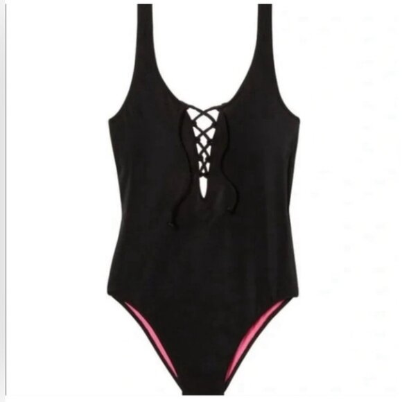 PINK Victoria's Secret Black Lace Up Swimsuit Maillot Size S - Picture 2 of 8